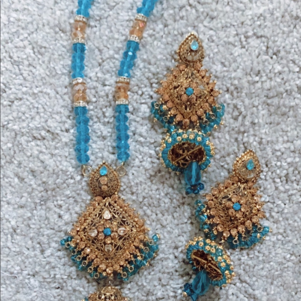 Blue and Gold long Mala Jhumka necklace set